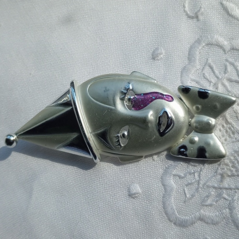 Matt and shiny Silver Clown with Purple Tears Brooch